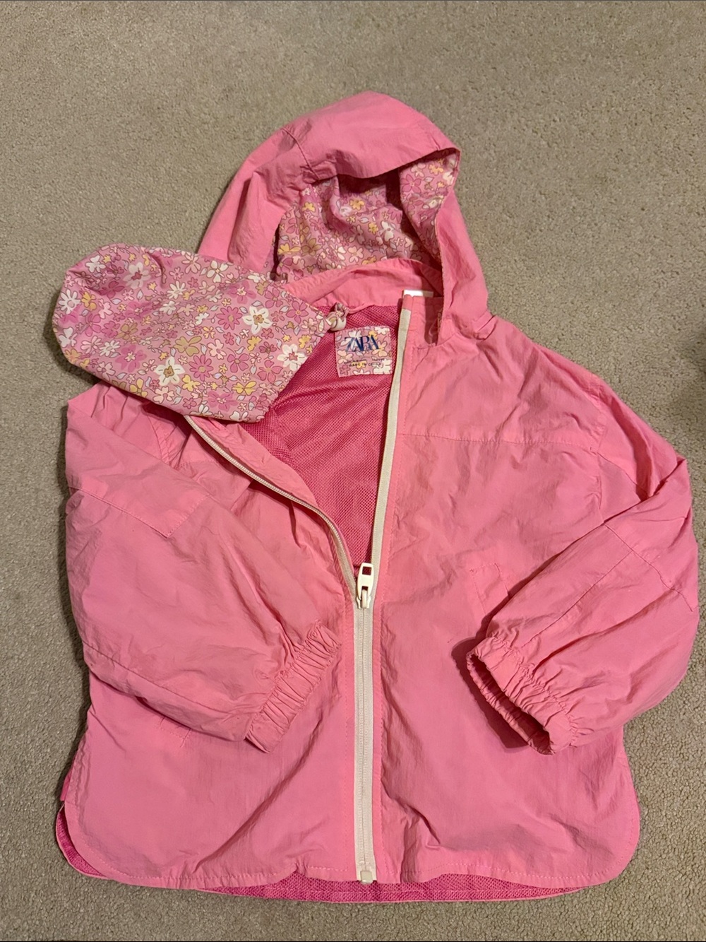 Zara Waterproof Hooded Rain Jacket With Pockets Foldable Pouch Pink Sz 4-5 Years